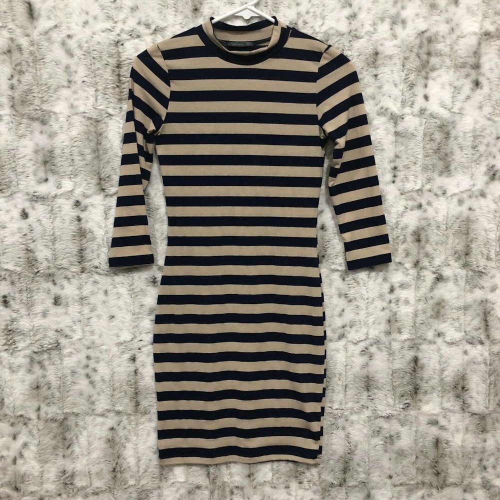 Soprano Tan/Blue Striped Mock Neck 3/4 Sleeve Dress Size XS